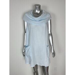 100% Linen Tunic Shift Dress Womens Small Light Blue Cowl Neck Match Point